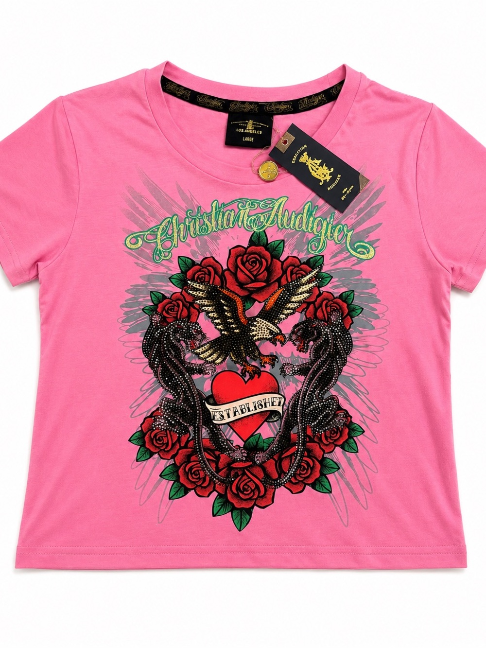 Christian Audigier Pink Rhinestone Graphic Tee